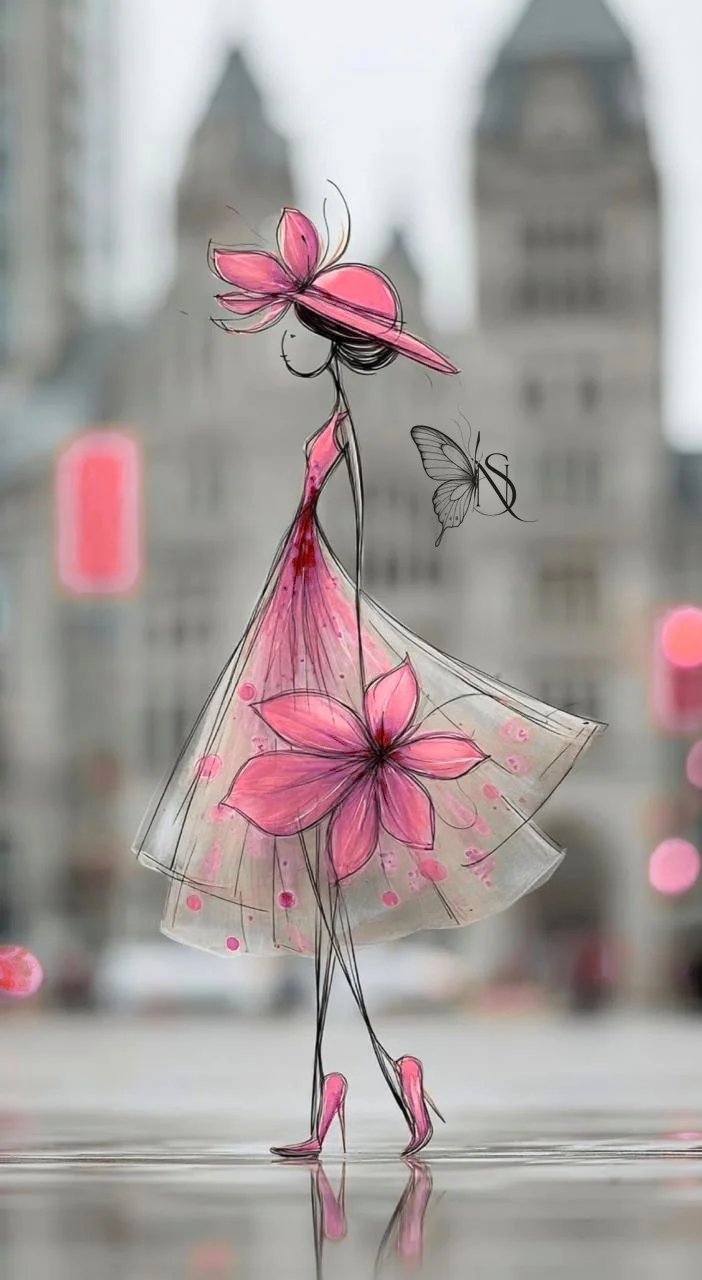 Nohad illustration: a sketched figure in a rose hat and flower dress on a city street