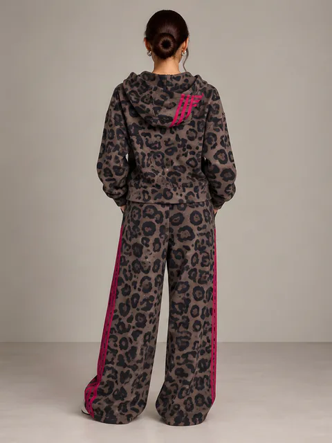 Brown leopard hoodie set with magenta side stripes, back