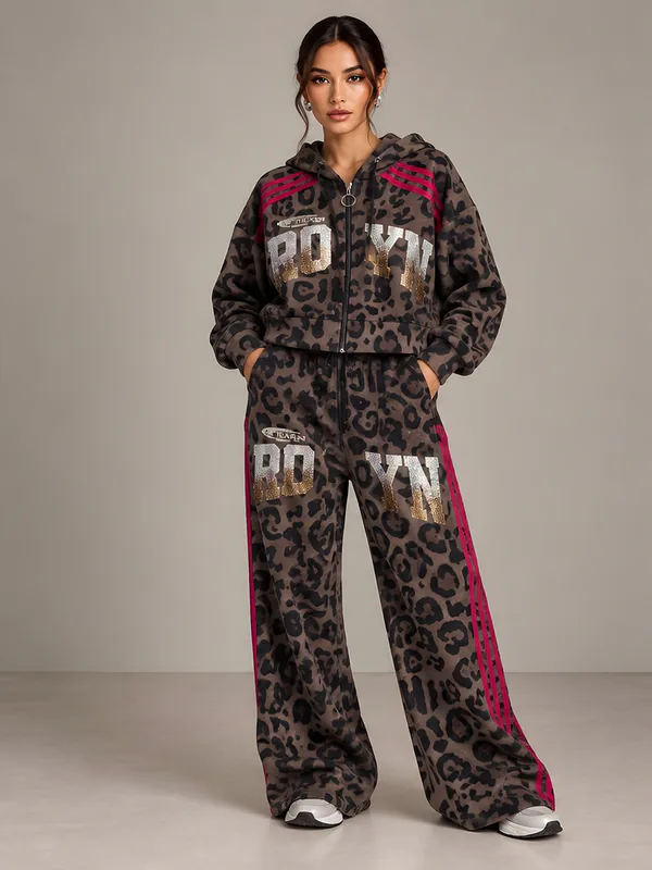 Brown leopard hoodie set with magenta side stripes, front