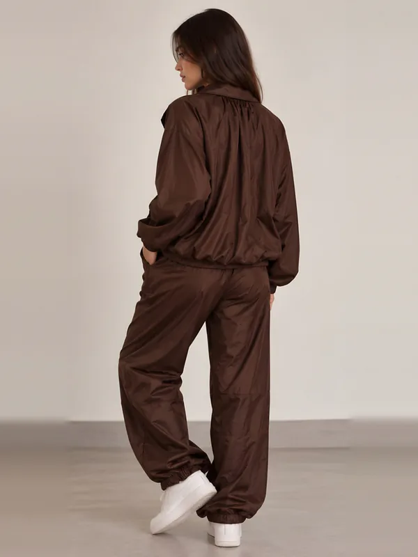 Brown satin-finish tracksuit, back