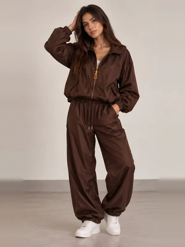 Brown satin-finish tracksuit, front