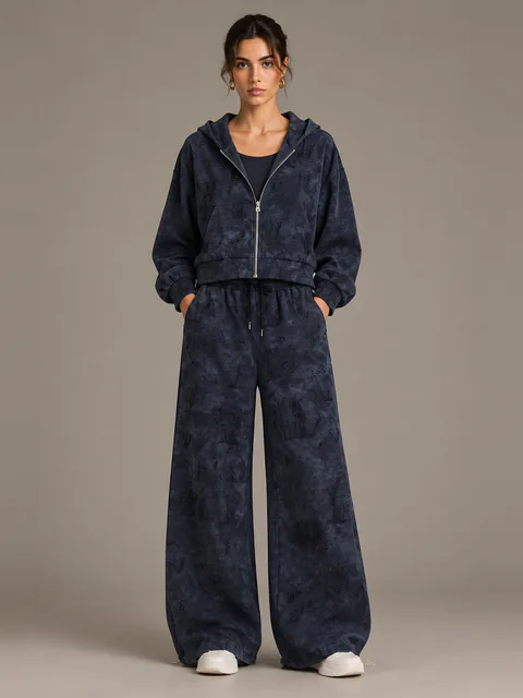 Washed navy cropped hoodie and wide trousers, front