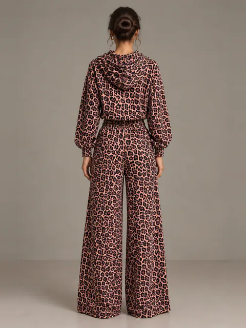 Pink leopard drawstring hoodie and wide trousers, back