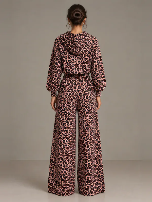 Pink leopard drawstring hoodie and wide trousers, back