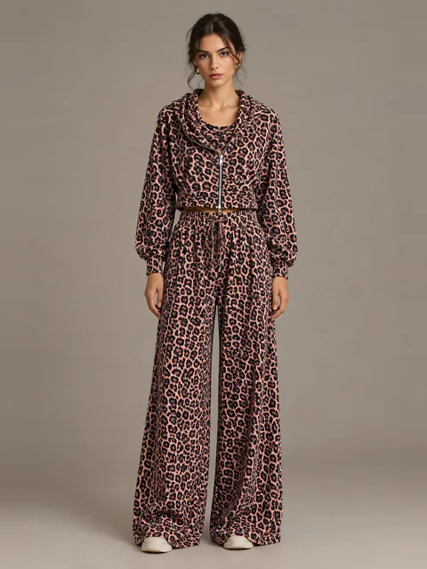 Pink leopard drawstring hoodie and wide trousers, front