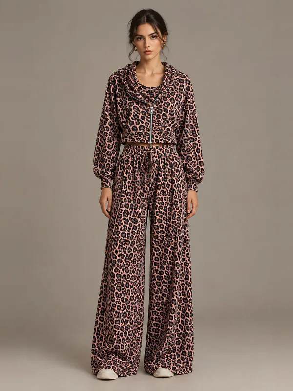 Pink leopard drawstring hoodie and wide trousers, front