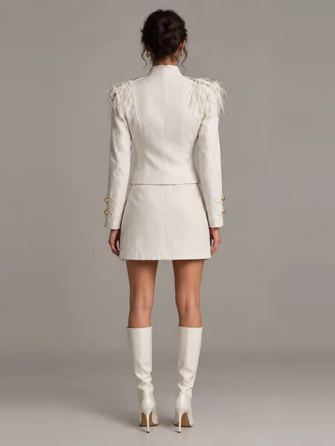 White jacket and skirt set with gold buttons, back