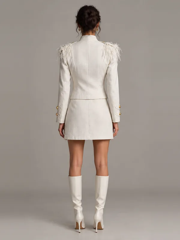 White jacket and skirt set with gold buttons, back