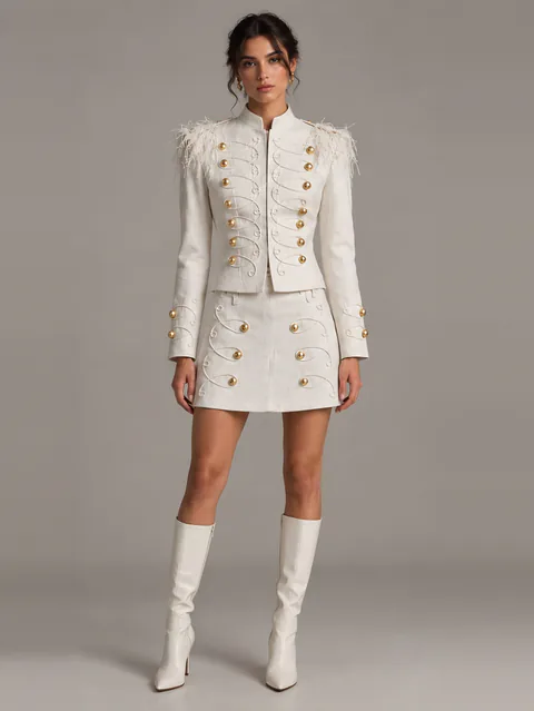 White jacket and skirt set with gold buttons, front