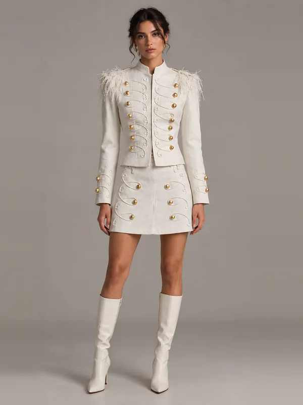 White jacket and skirt set with gold buttons, front
