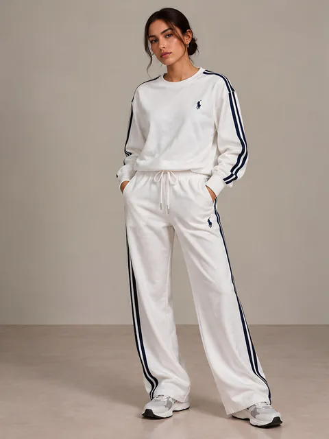 White track set with navy stripes, front